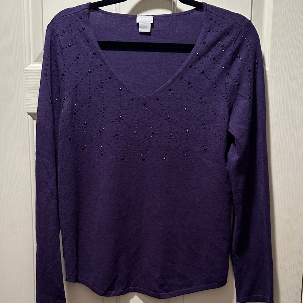 EUC Chico’s Purple Women's V-Neck Sweater Top Embellished with Black Dots